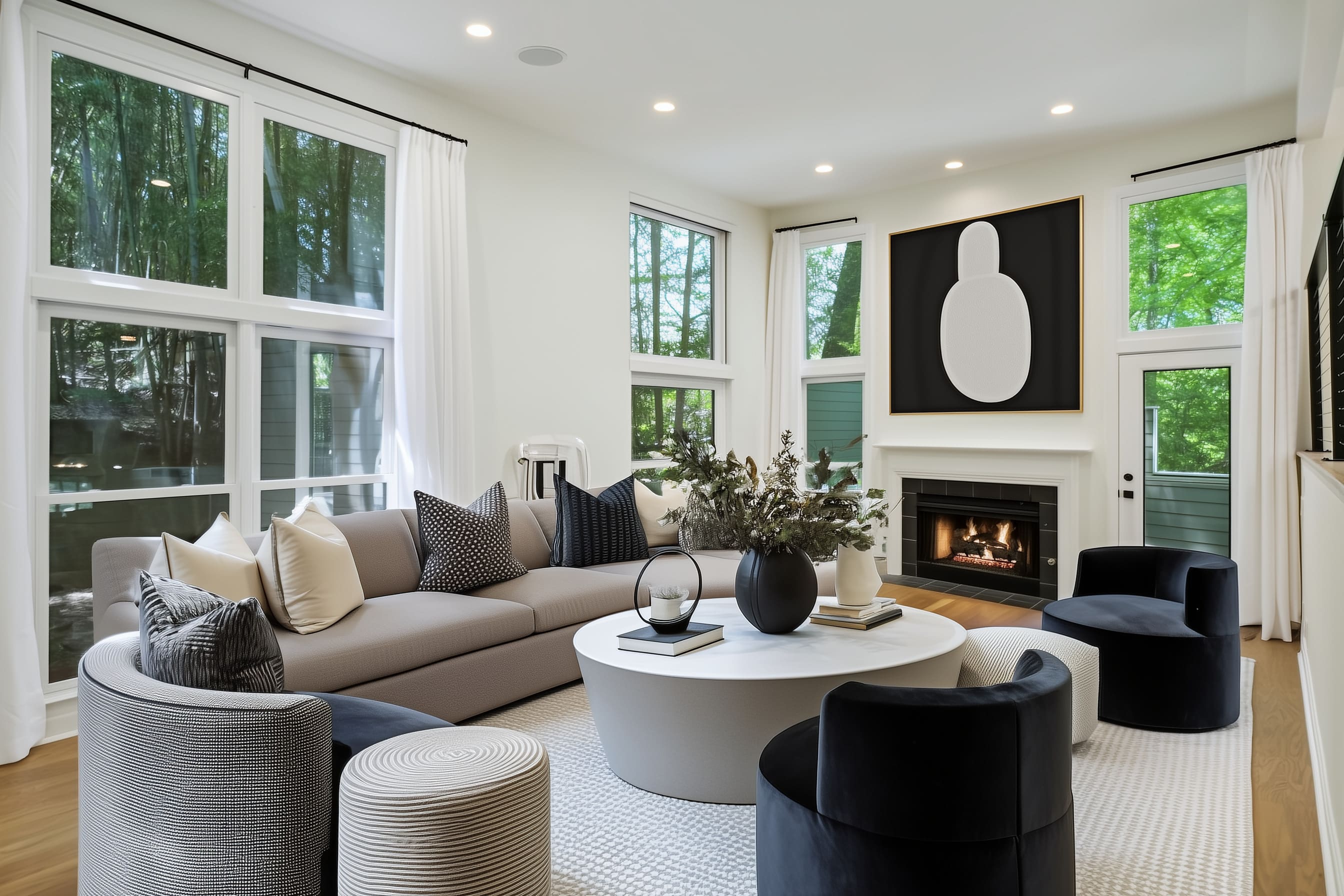 This makeover embraces a sculptural minimalist style with a refined monochrome palette and statement shapes