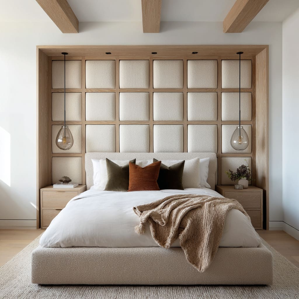 Paneled Alcove with Grid-Like Framed Bouclé Panels and Floating Pendants