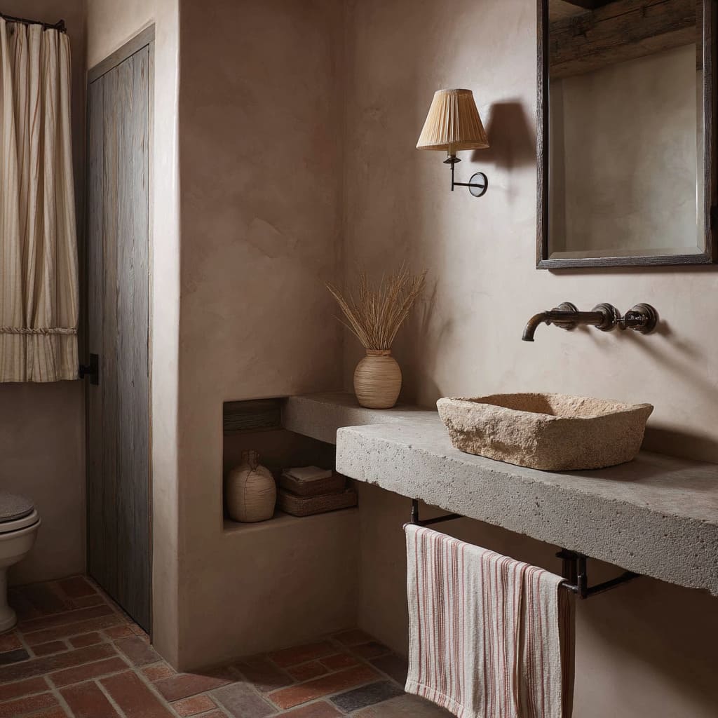 The bathroom design pairs humble materials with sculptural forms, creating a grounded cottagecore atmosphere without fuss or clutter