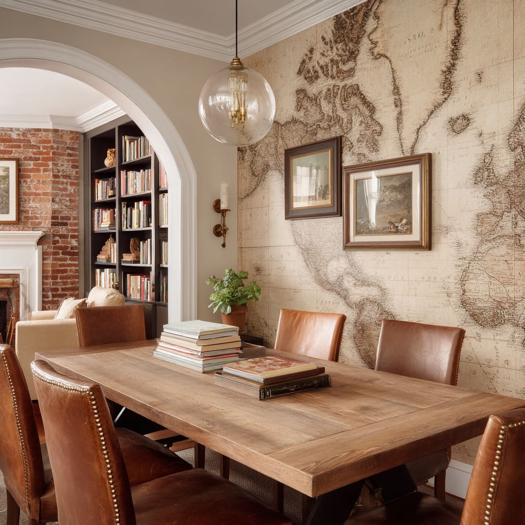 This wallpaper is a vintage reproduction of a historic world map, rendered in washed sepia tones and stretched across a full wall with precise grid markings