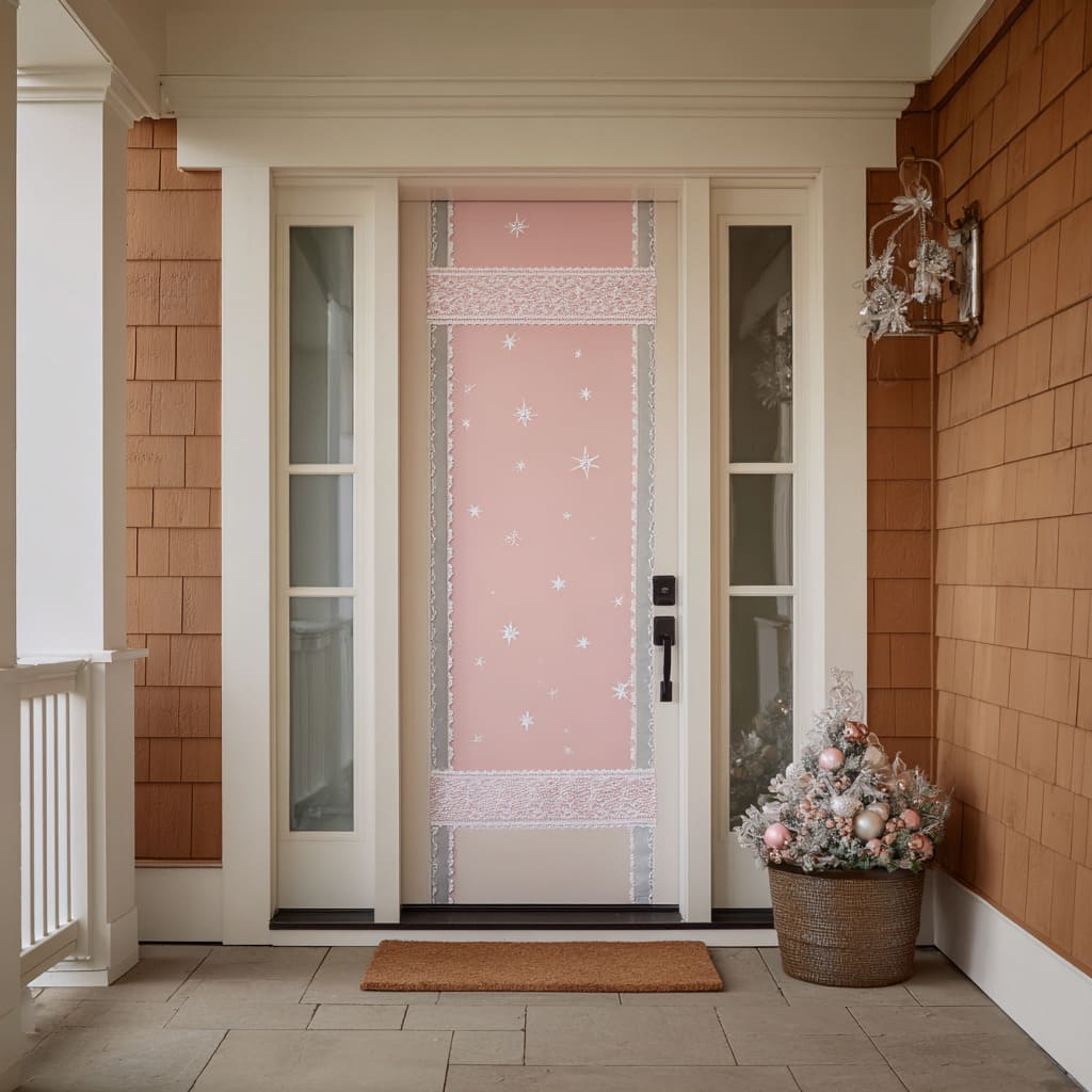 A blush-pink front door covered in scattered white star motifs and framed with vertical and horizontal lace bands, paired with cedar shingles A blush-pink front door covered in scattered white star motifs and framed with vertical and horizontal lace bands, paired with cedar shingles