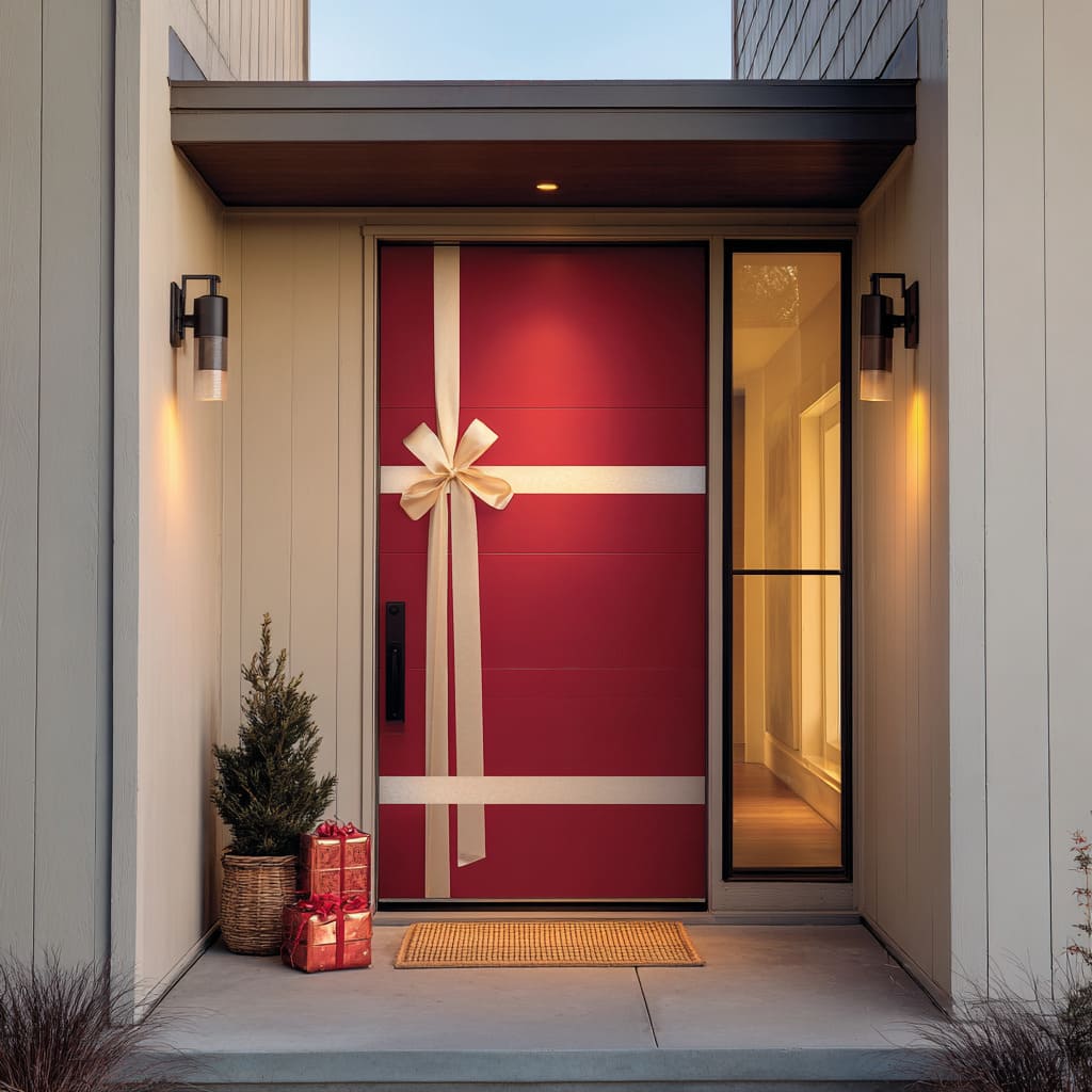 A bold red slab door wrapped asymmetrically with wide cream vertical and horizontal bands topped by a large bow A bold red slab door wrapped asymmetrically with wide cream vertical and horizontal bands topped by a large bow