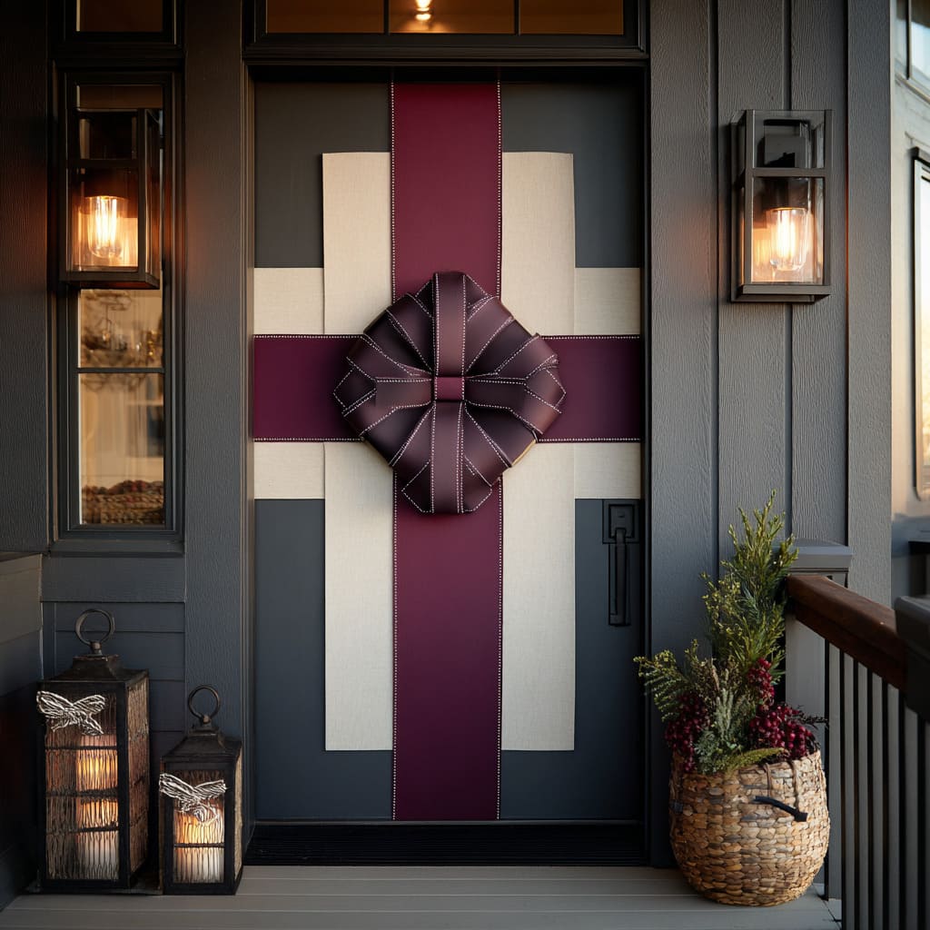 A charcoal door wrapped in wide cream and plum bands with a sculptural plum bow at the center, set against modern vertical siding A charcoal door wrapped in wide cream and plum bands with a sculptural plum bow at the center, set against modern vertical siding