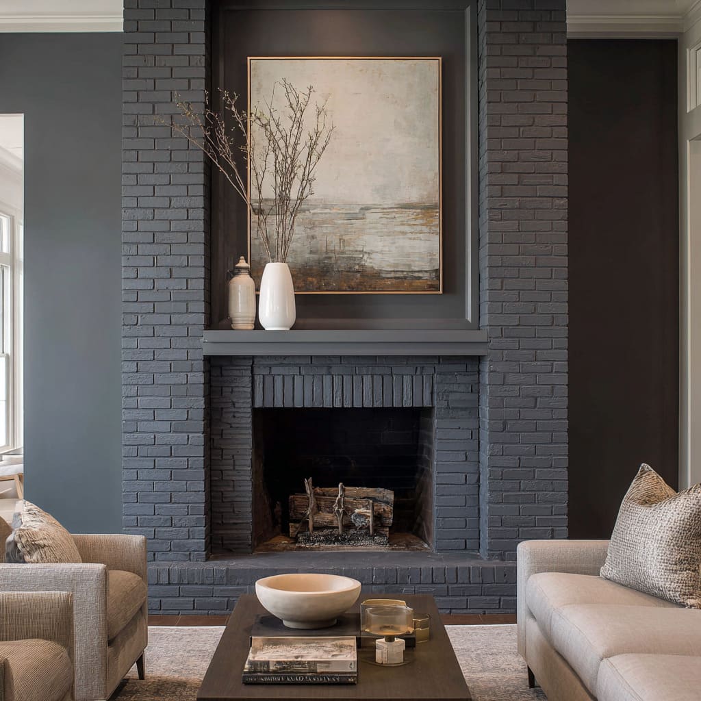 A charcoal-painted brick fireplace design with a matte finish, a recessed art panel above the mantle, light stone sofas A charcoal-painted brick fireplace design with a matte finish, a recessed art panel above the mantle, light stone sofas