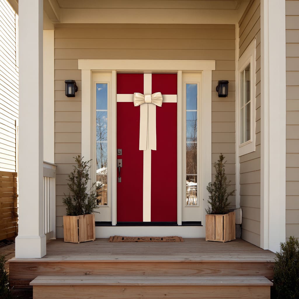 A classic red front door wrapped with wide cream vertical and horizontal bands topped with a smooth cream bow, framed by white trim A classic red front door wrapped with wide cream vertical and horizontal bands topped with a smooth cream bow, framed by white trim