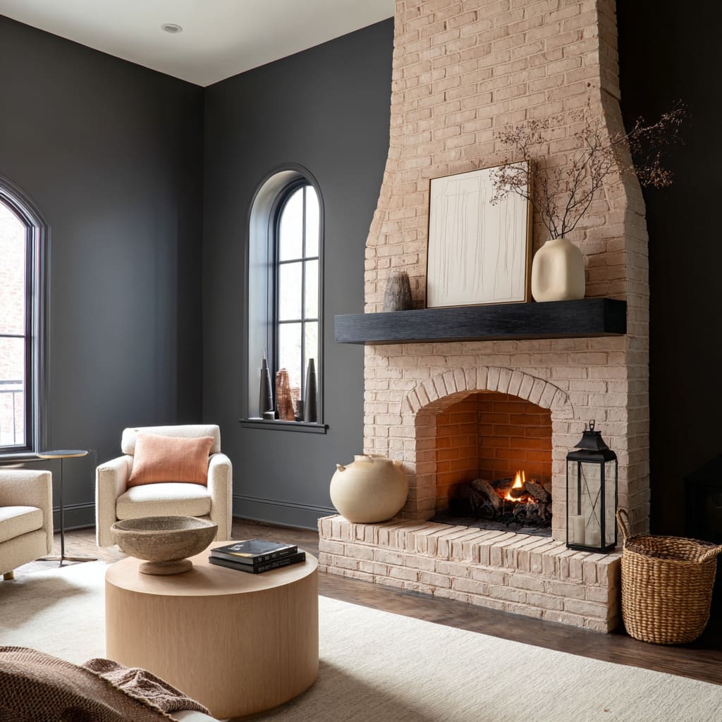A clay-rose matte painted brick fireplace concept with a tapered chimney, dark mantle, sculptural ceramics, cream seating A clay-rose matte painted brick fireplace concept with a tapered chimney, dark mantle, sculptural ceramics, cream seating