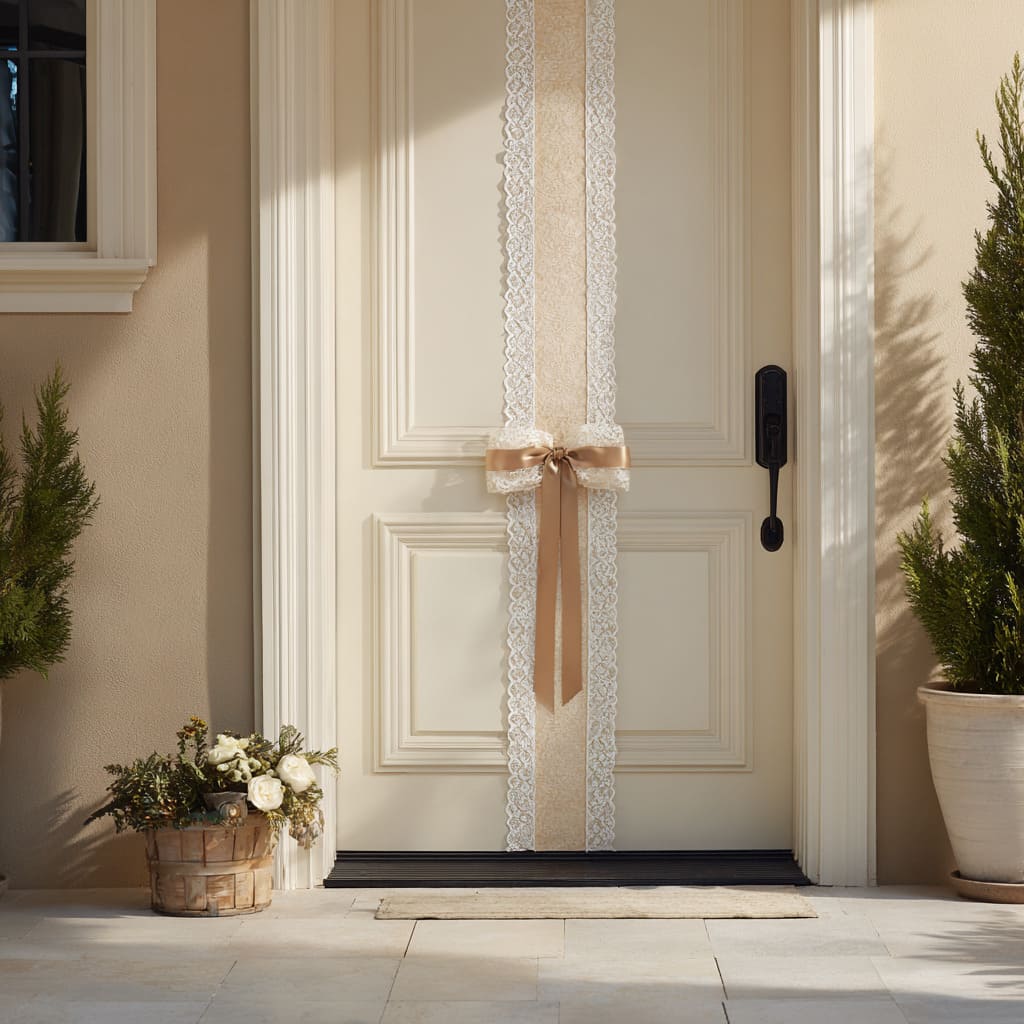 A cream front door concept decorated with a soft beige vertical fabric ribbon and narrow lace borders, topped with a champagne bow A cream front door concept decorated with a soft beige vertical fabric ribbon and narrow lace borders, topped with a champagne bow