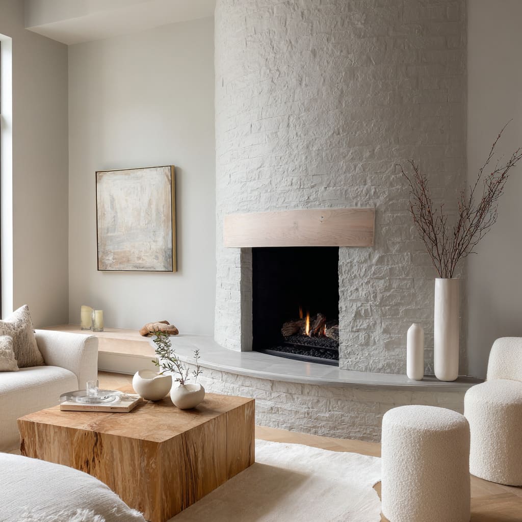 A curved porcelain-grey matte painted brick fireplace ideas with a wood mantle, smooth stone hearth, tall white vases A curved porcelain-grey matte painted brick fireplace ideas with a wood mantle, smooth stone hearth, tall white vases