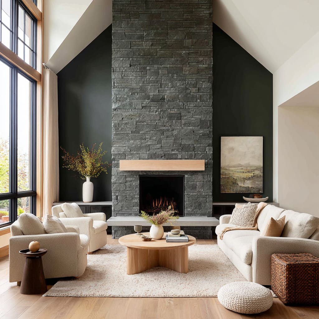 A dark slate-gray matte brick fireplace design reaching up to an angled ceiling, pale wood mantle, cream seating A dark slate-gray matte brick fireplace design reaching up to an angled ceiling, pale wood mantle, cream seating