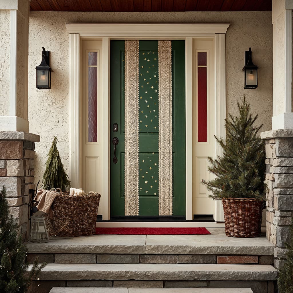 A deep evergreen door with golden star motifs framed by two chunky cream lace columns, flanked by red-toned sidelights A deep evergreen door with golden star motifs framed by two chunky cream lace columns, flanked by red-toned sidelights