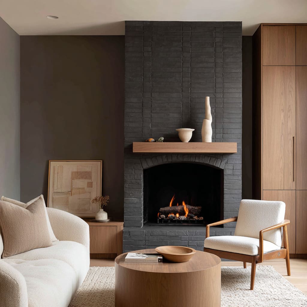 A deep graphite matte painted brick fireplace ideas with an arched opening, pale wood mantle, cream boucle seating A deep graphite matte painted brick fireplace ideas with an arched opening, pale wood mantle, cream boucle seating