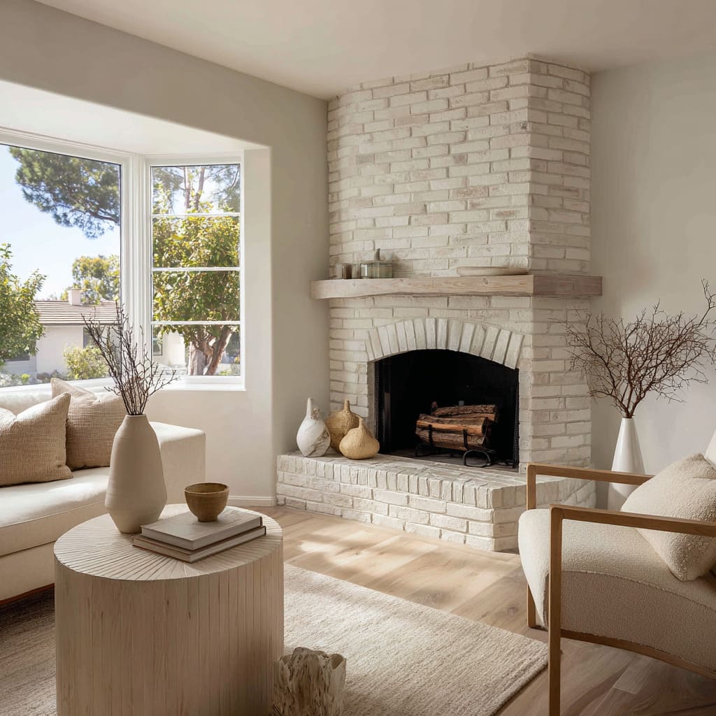 A driftwood-washed painted brick fireplace ideas with a gentle arch, weathered wood mantle, soft neutral ceramics A driftwood-washed painted brick fireplace ideas with a gentle arch, weathered wood mantle, soft neutral ceramics