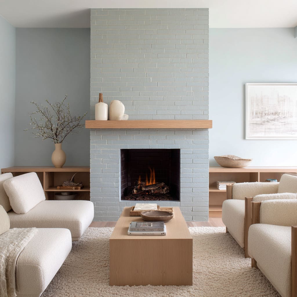 A fog-blue matte painted brick fireplace ideas with a pale wood mantle, sculptural cream vessels, built-in shelves A fog-blue matte painted brick fireplace ideas with a pale wood mantle, sculptural cream vessels, built-in shelves