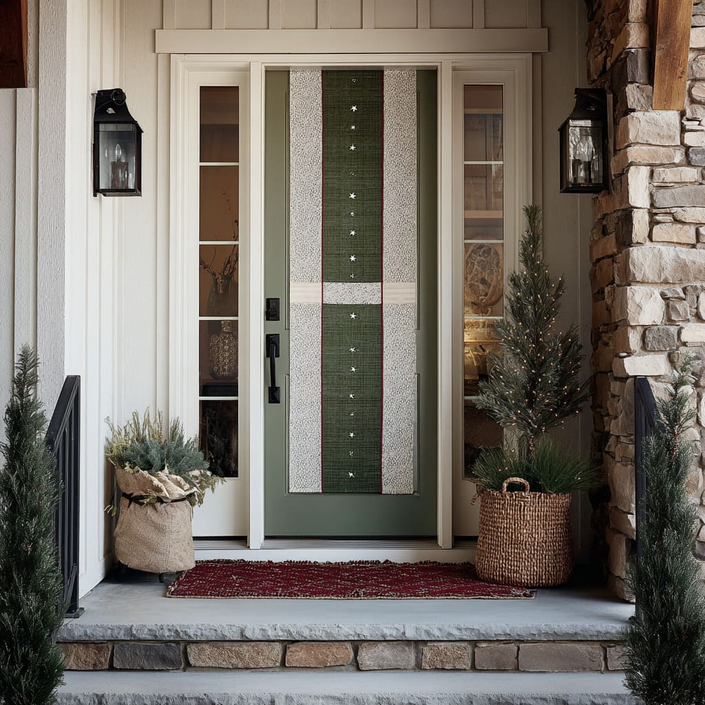 A front door styled with a quilt-like vertical panel, thin red borders, scattered star motifs, and a pale crossband A front door styled with a quilt-like vertical panel, thin red borders, scattered star motifs, and a pale crossband