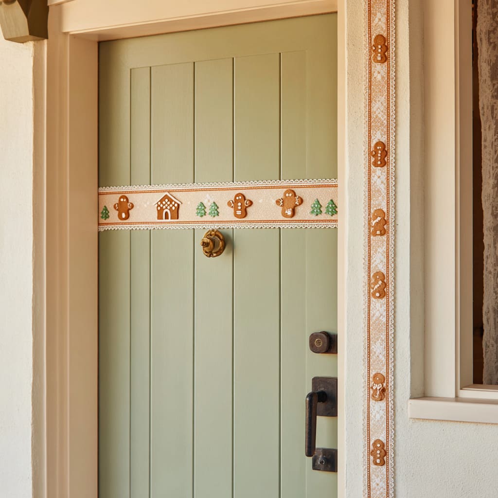A green plank door with a horizontal gingerbread frieze and a vertical cookie-figure border on the frame, accented by warm cream trim A green plank door with a horizontal gingerbread frieze and a vertical cookie-figure border on the frame, accented by warm cream trim
