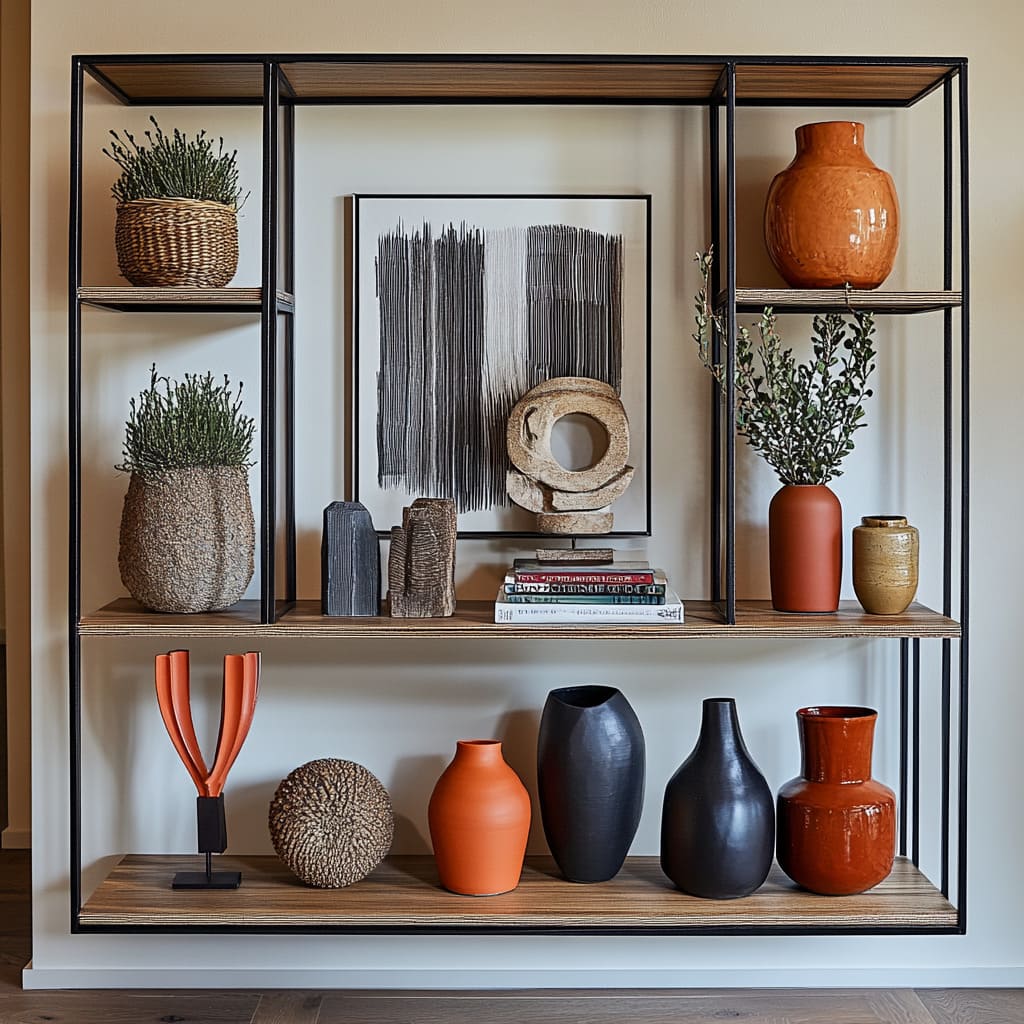 A large open shelving unit with slim black metal framing and wood shelves, arranged with burnt-orange pottery