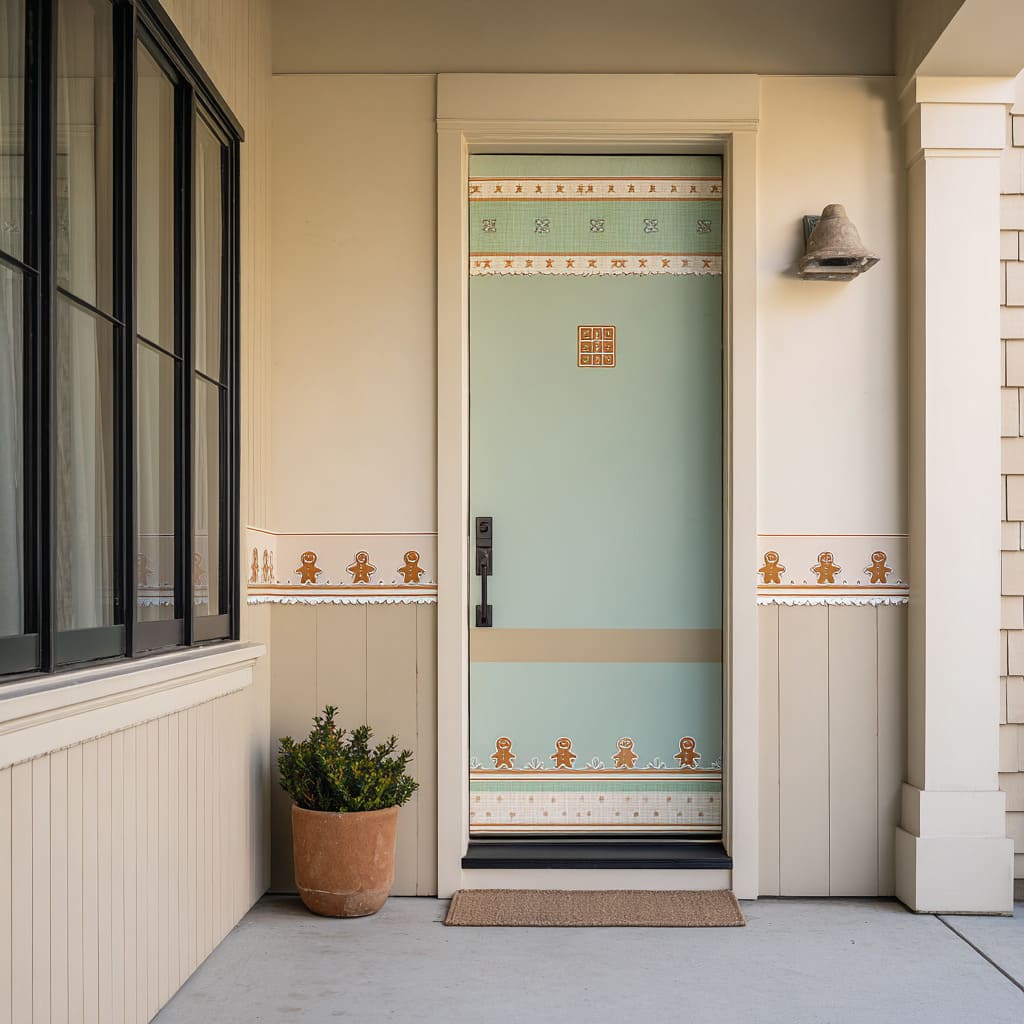 A mint green door and surrounding walls decorated with gingerbread-themed borders, icing-like trims, and small cookie figures A mint green door and surrounding walls decorated with gingerbread-themed borders, icing-like trims, and small cookie figures
