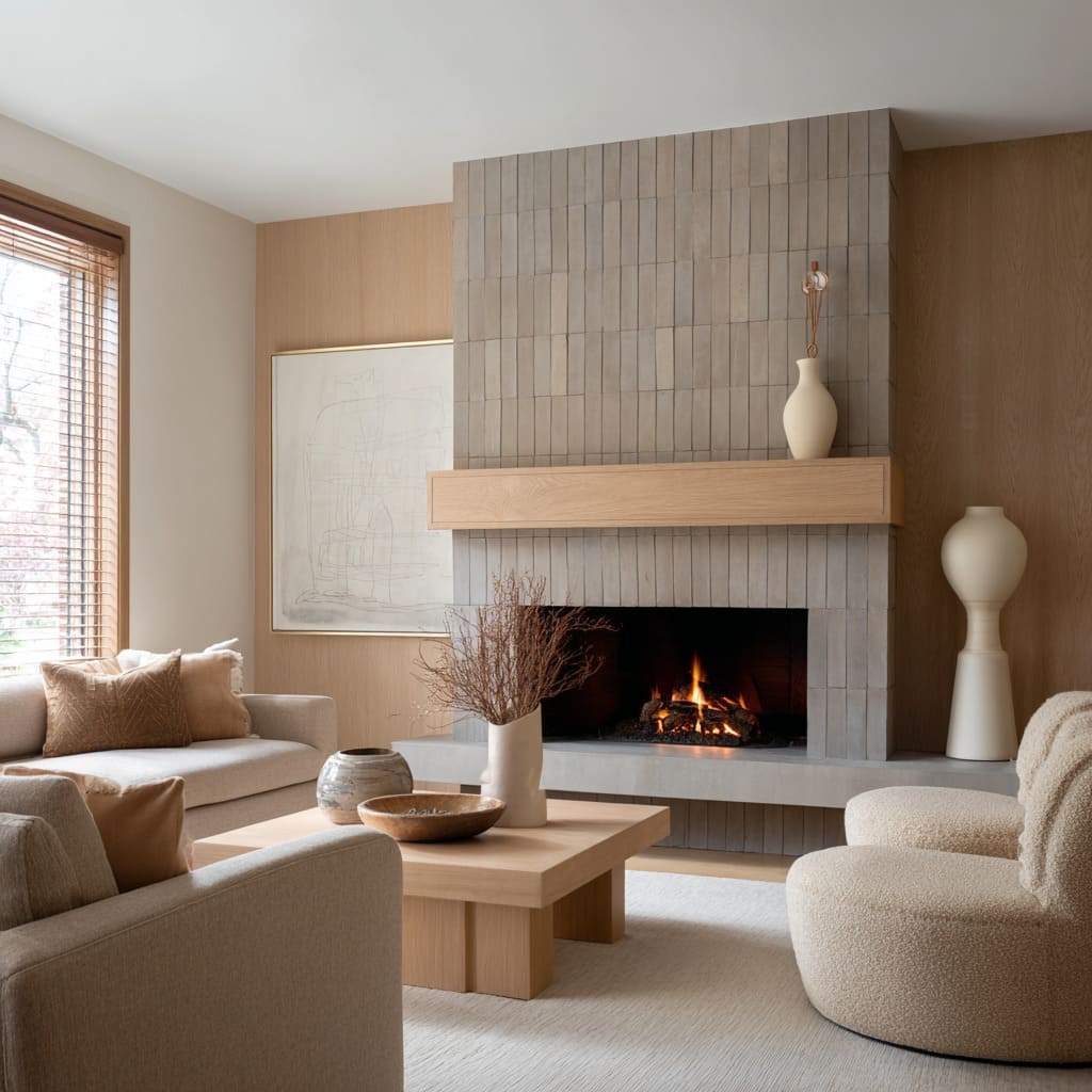 A mushroom-grey matte painted brick fireplace design with elongated bricks, pale wood mantle, stone hearth detail A mushroom-grey matte painted brick fireplace design with elongated bricks, pale wood mantle, stone hearth detail