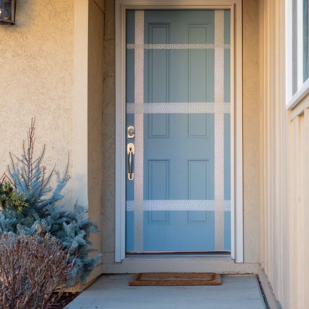 A muted blue door with narrow lace bands forming a frosty grid, set against warm stucco and cream siding A muted blue door with narrow lace bands forming a frosty grid, set against warm stucco and cream siding