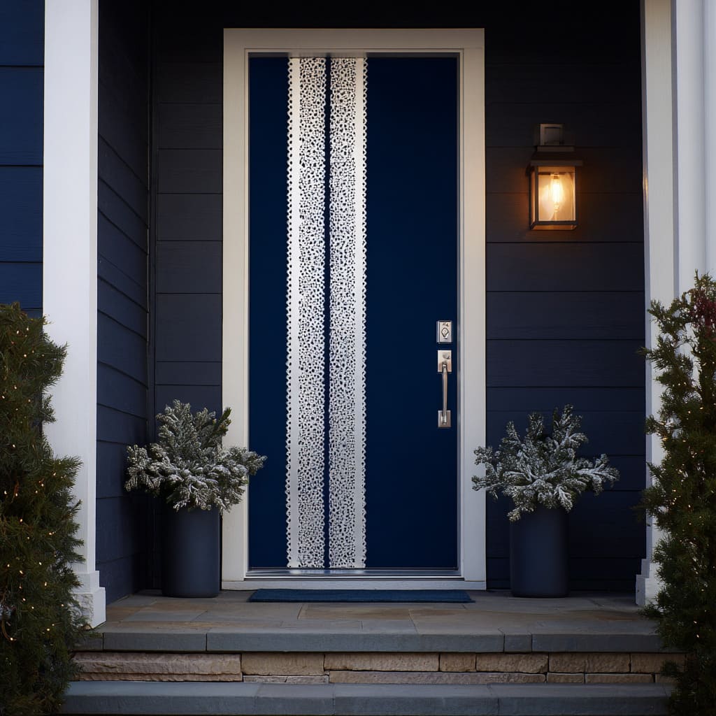 A navy front door with twin wide vertical lace bands forming a bright central column, flanked by snow-tipped evergreens in charcoal planters A navy front door with twin wide vertical lace bands forming a bright central column, flanked by snow-tipped evergreens in charcoal planters
