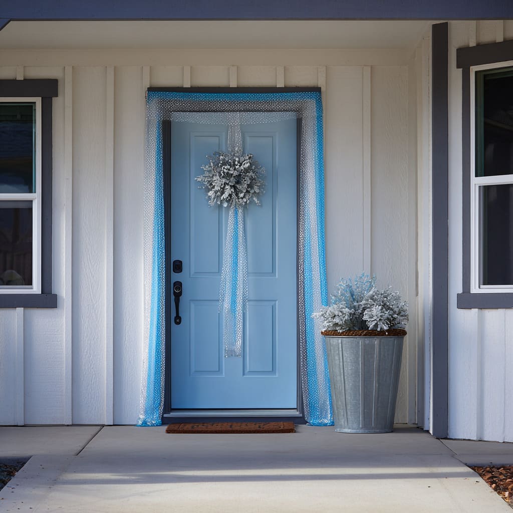 A pale blue paneled door framed with wide turquoise mesh ribbon in a full rectangular border, centered with a frosted white wreath A pale blue paneled door framed with wide turquoise mesh ribbon in a full rectangular border, centered with a frosted white wreath