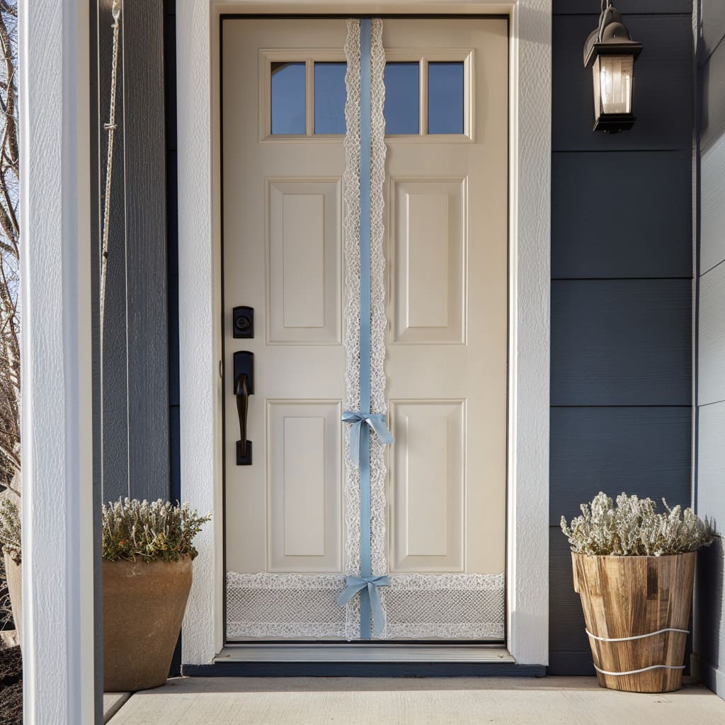 A paneled door with a central pale blue ribbon framed by lace, accented by two simple bows and a bottom lace band