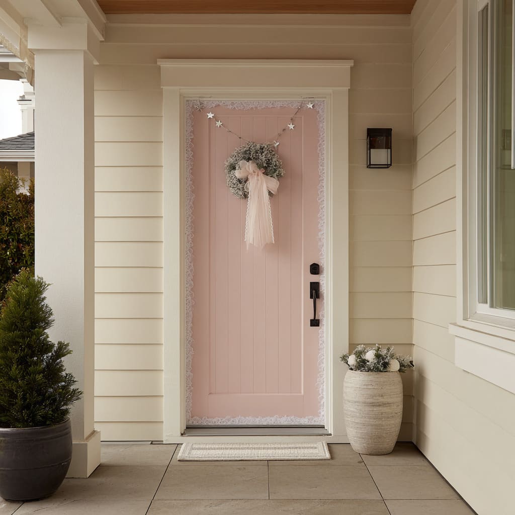 A pastel pink plank door outlined with lace trim and centered with a frosted sage wreath and blush tulle bow A pastel pink plank door outlined with lace trim and centered with a frosted sage wreath and blush tulle bow