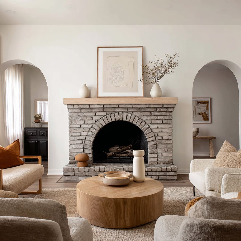 A pewter painted brick fireplace design with an arched firebox, light wood mantle, neutral sculptural decor A pewter painted brick fireplace design with an arched firebox, light wood mantle, neutral sculptural decor
