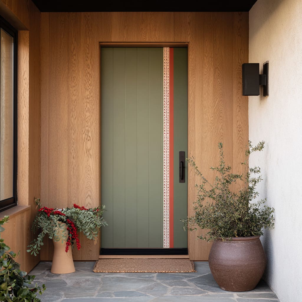 A sage door set in warm oak paneling, decorated with an off-center layered ribbon in white and red, paired with a jute mat A sage door set in warm oak paneling, decorated with an off-center layered ribbon in white and red, paired with a jute mat