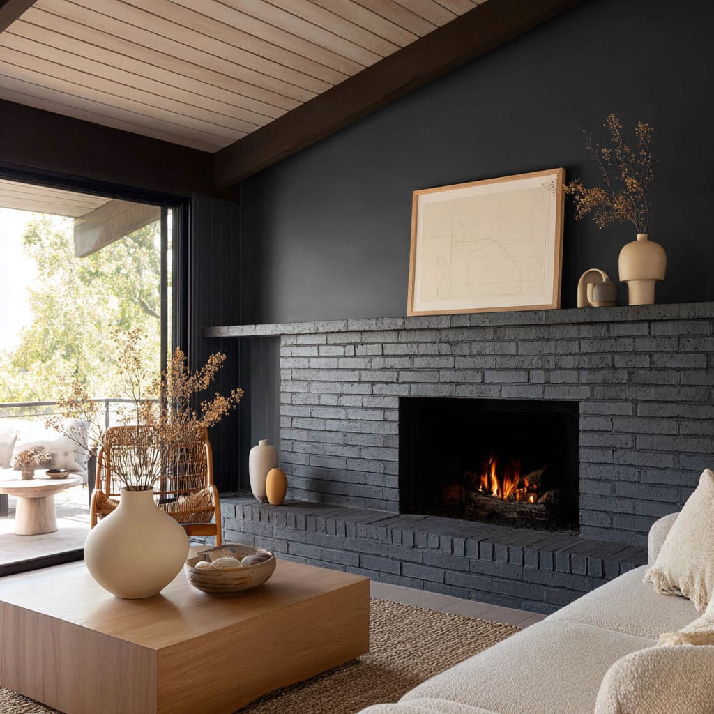 A soft ink-toned matte brick fireplace design with a long horizontal hearth, pale wood mantle, sculptural ceramics, boucle sofa A soft ink-toned matte brick fireplace design with a long horizontal hearth, pale wood mantle, sculptural ceramics, boucle sofa