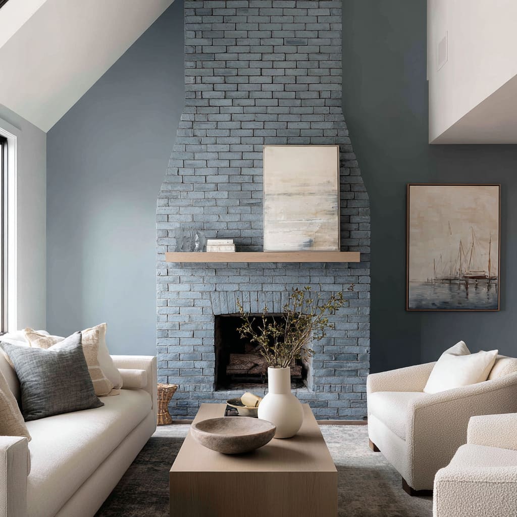 A storm-blue matte painted brick fireplace ideas with a tapered chimney, pale wood mantle, coastal-inspired art A storm-blue matte painted brick fireplace ideas with a tapered chimney, pale wood mantle, coastal-inspired art