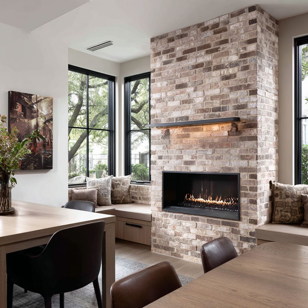 A tall pale washed brick fireplace concept column between black-framed windows, a slim metal mantle with hidden lighting A tall pale washed brick fireplace concept column between black-framed windows, a slim metal mantle with hidden lighting