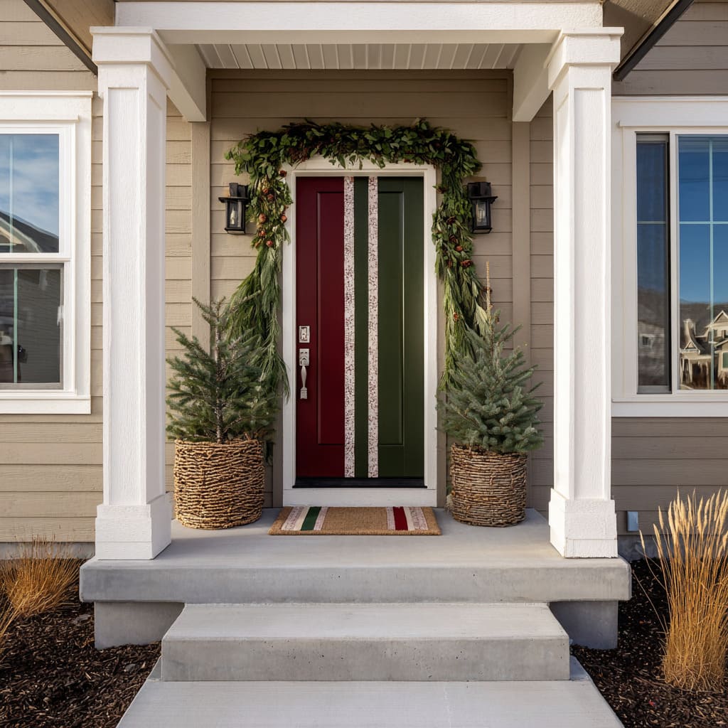 A vertically split red-and-green front door with a narrow lace band between the color blocks, topped with a full greenery garland A vertically split red-and-green front door with a narrow lace band between the color blocks, topped with a full greenery garland