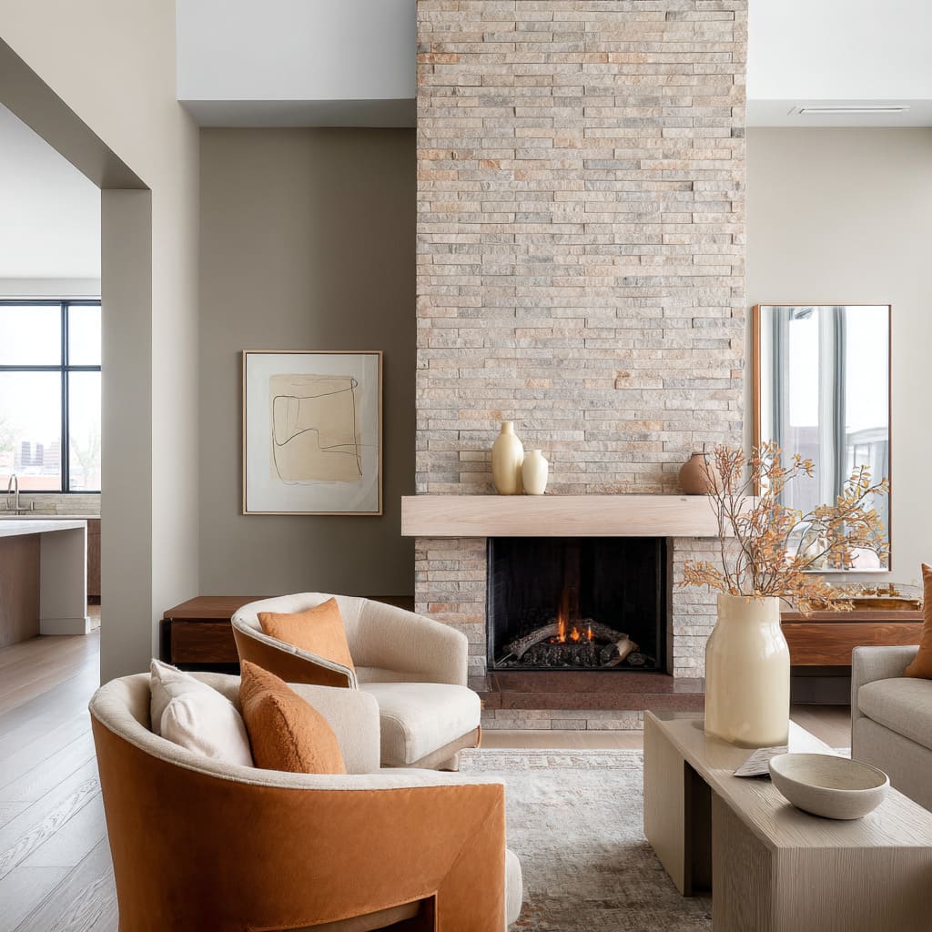 A warm stone-toned matte painted brick fireplace concept with a blonde wood mantle, earthy ceramics, rust-colored accents A warm stone-toned matte painted brick fireplace concept with a blonde wood mantle, earthy ceramics, rust-colored accents