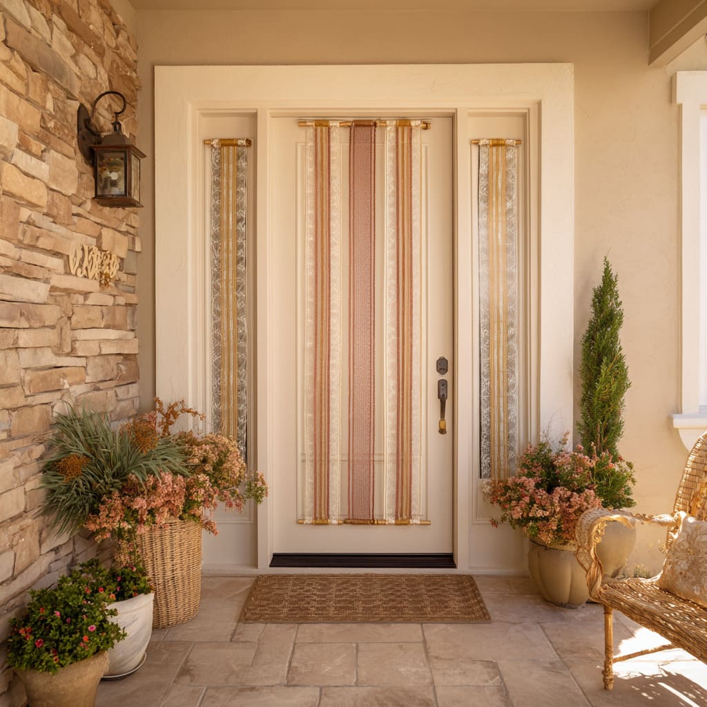 A warm stucco entry with a central door and sidelights dressed in soft striped textile panels in dusty rose, cream, and sand tones A warm stucco entry with a central door and sidelights dressed in soft striped textile panels in dusty rose, cream, and sand tones