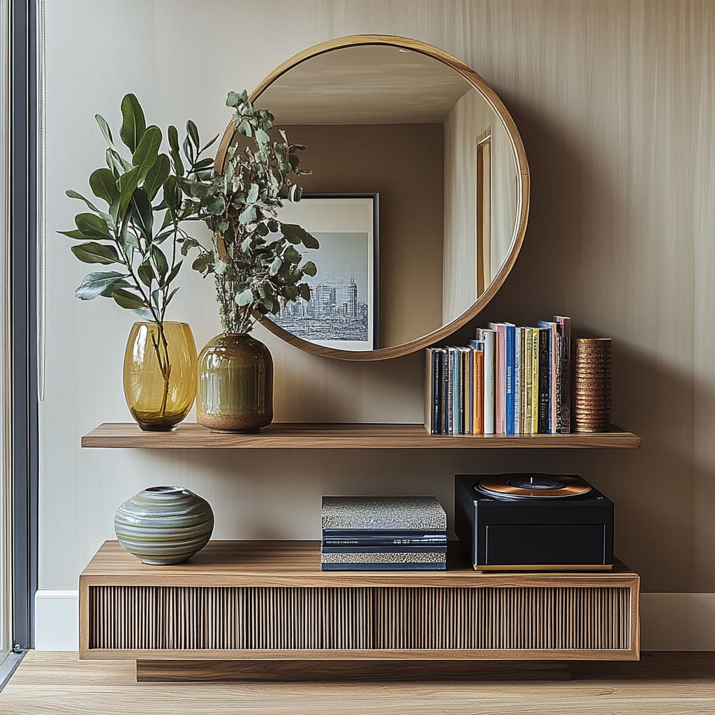 A warm wood floating shelf and fluted cabinet beneath a large round mirror, styled with amber and olive glass vases A warm wood floating shelf and fluted cabinet beneath a large round mirror, styled with amber and olive glass vases