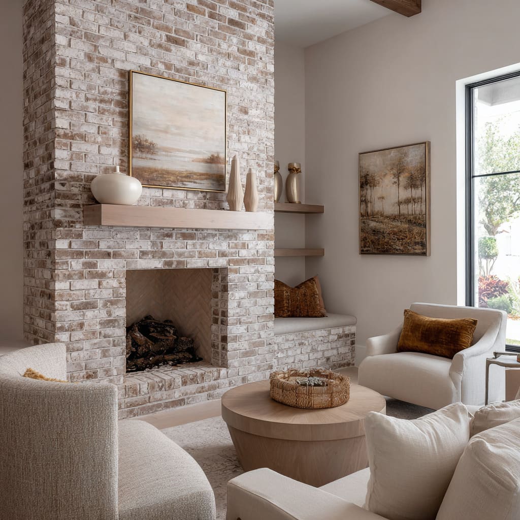 A washed taupe-white brick fireplace ideas with a matte texture, light wood mantle, soft landscape art, warm neutral seating