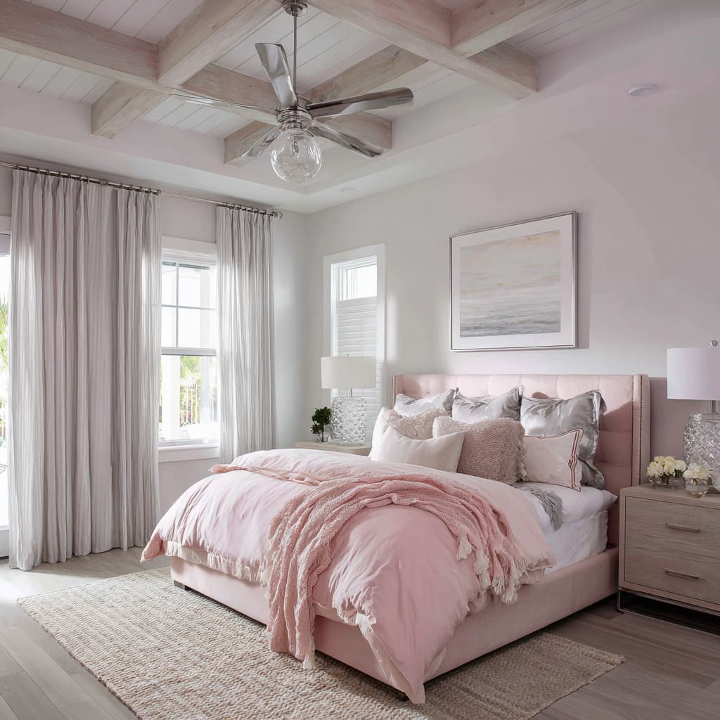 Airy coastal blush and silver bedroom design with shallow coffered ceiling, stainless fan, tufted blush frame, breezy pink duvet