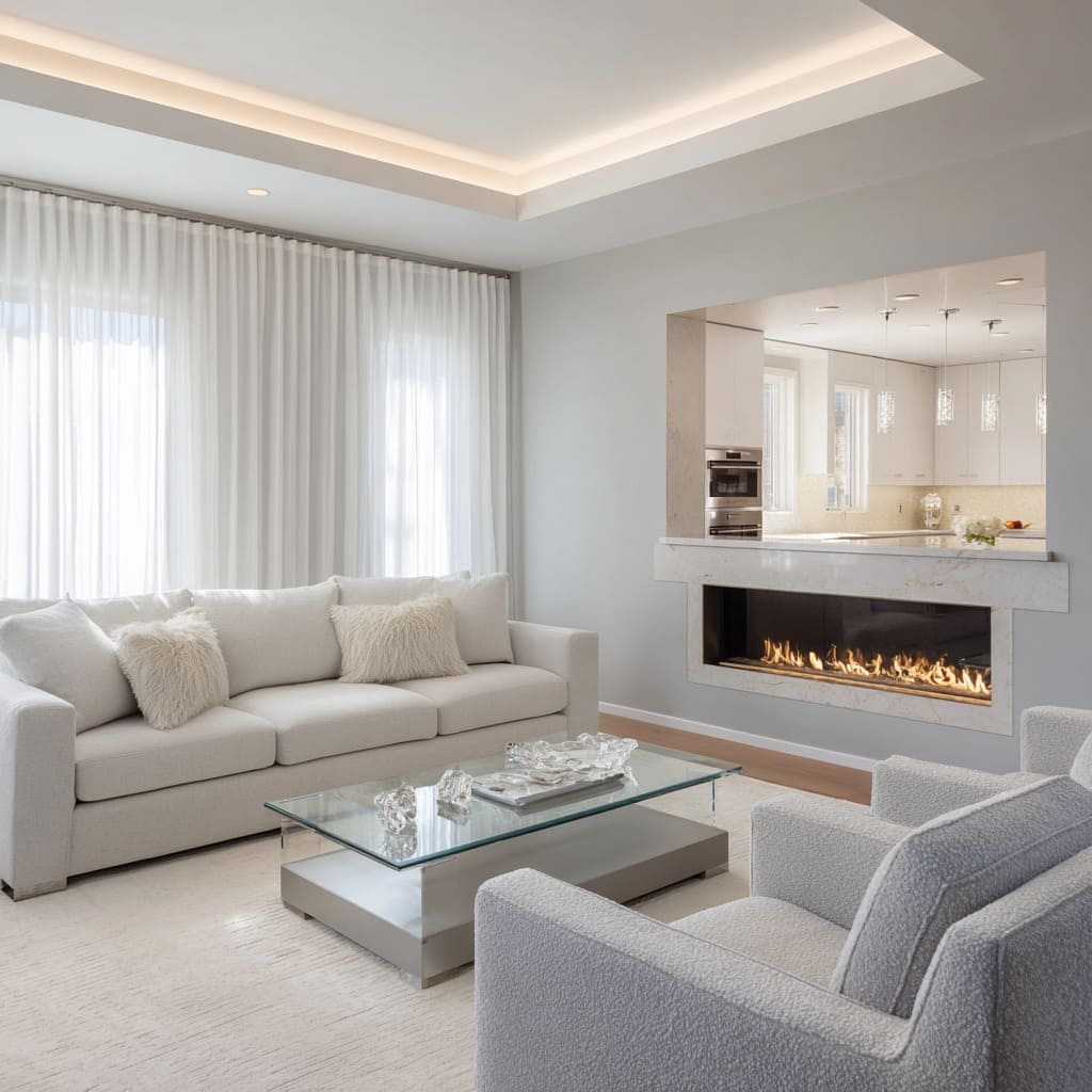 Airy luxury silver living room design with glass coffee table, brushed base, layered sheers