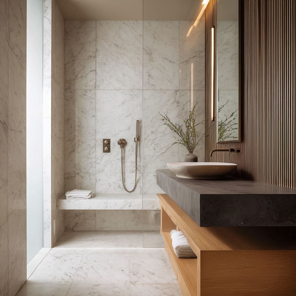 Airy marble bathroom design with full-height grey-veined panels, graphite vanity, oak base, cream basin, centered metal fixtures