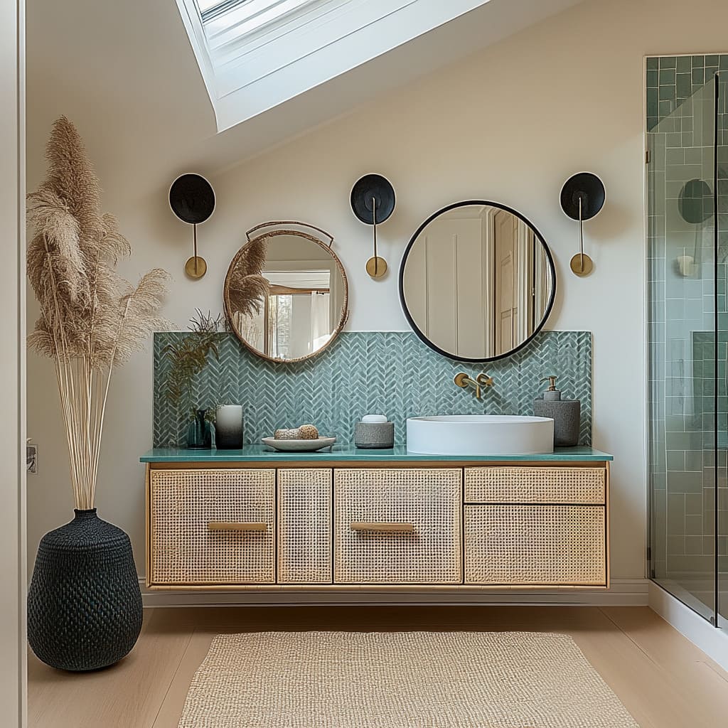 Airy mid-century bathroom concept with cane-front vanity, soft teal herringbone backsplash, cluster of round mirrors Airy mid-century bathroom concept with cane-front vanity, soft teal herringbone backsplash, cluster of round mirrors
