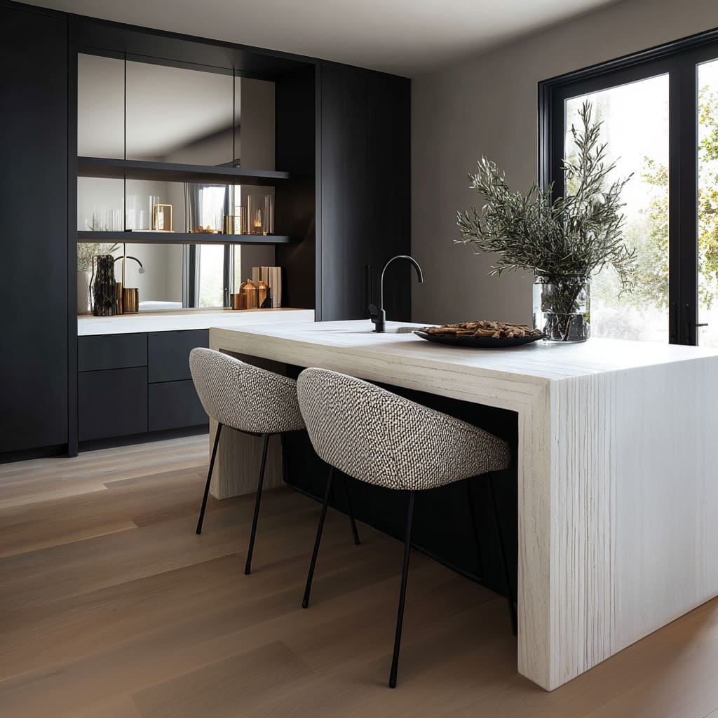 Almost white boucle shell stool ideas in a deep niche beside a wood-grain island, with slim black legs and reflective glass decor behind Almost white boucle shell stool ideas in a deep niche beside a wood-grain island, with slim black legs and reflective glass decor behind