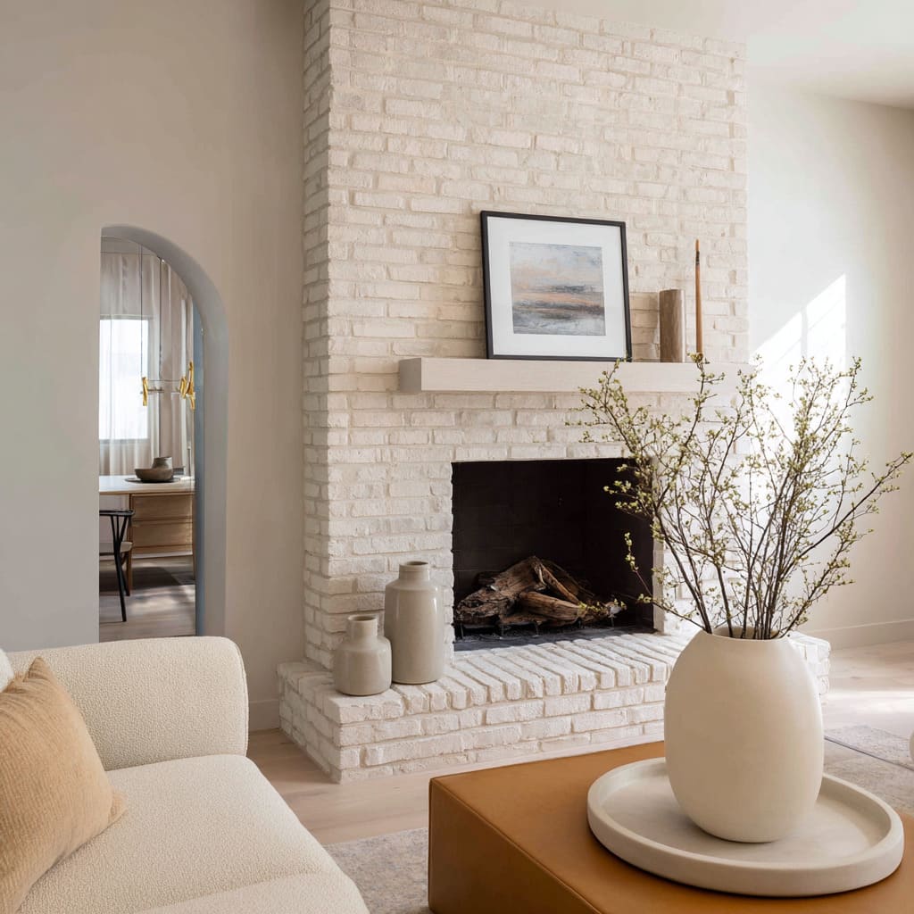 An alabaster matte painted brick fireplace design with a slim matching mantle, dark firebox interior, sculptural ceramics An alabaster matte painted brick fireplace design with a slim matching mantle, dark firebox interior, sculptural ceramics