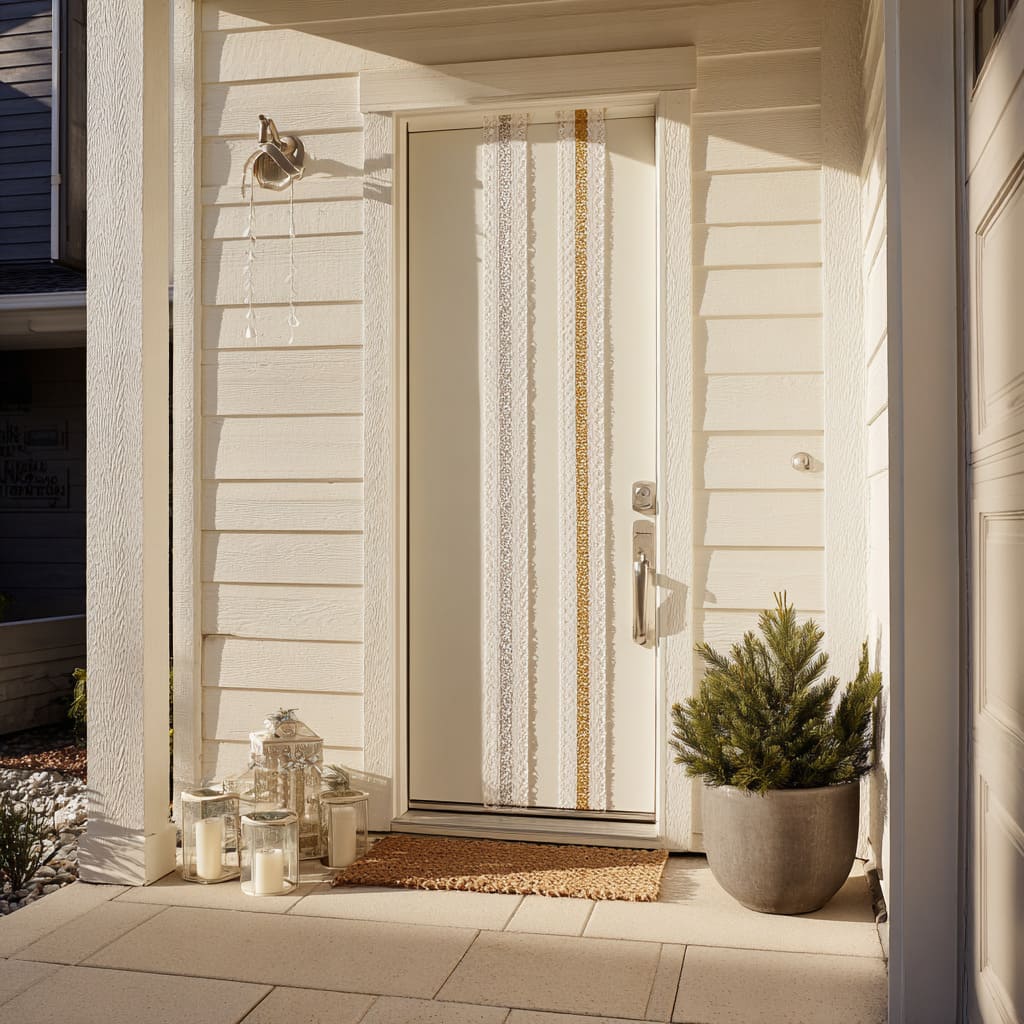 An ivory door decorated with grouped vertical lace and warm golden patterned bands, framed by textured off-white siding An ivory door decorated with grouped vertical lace and warm golden patterned bands, framed by textured off-white siding
