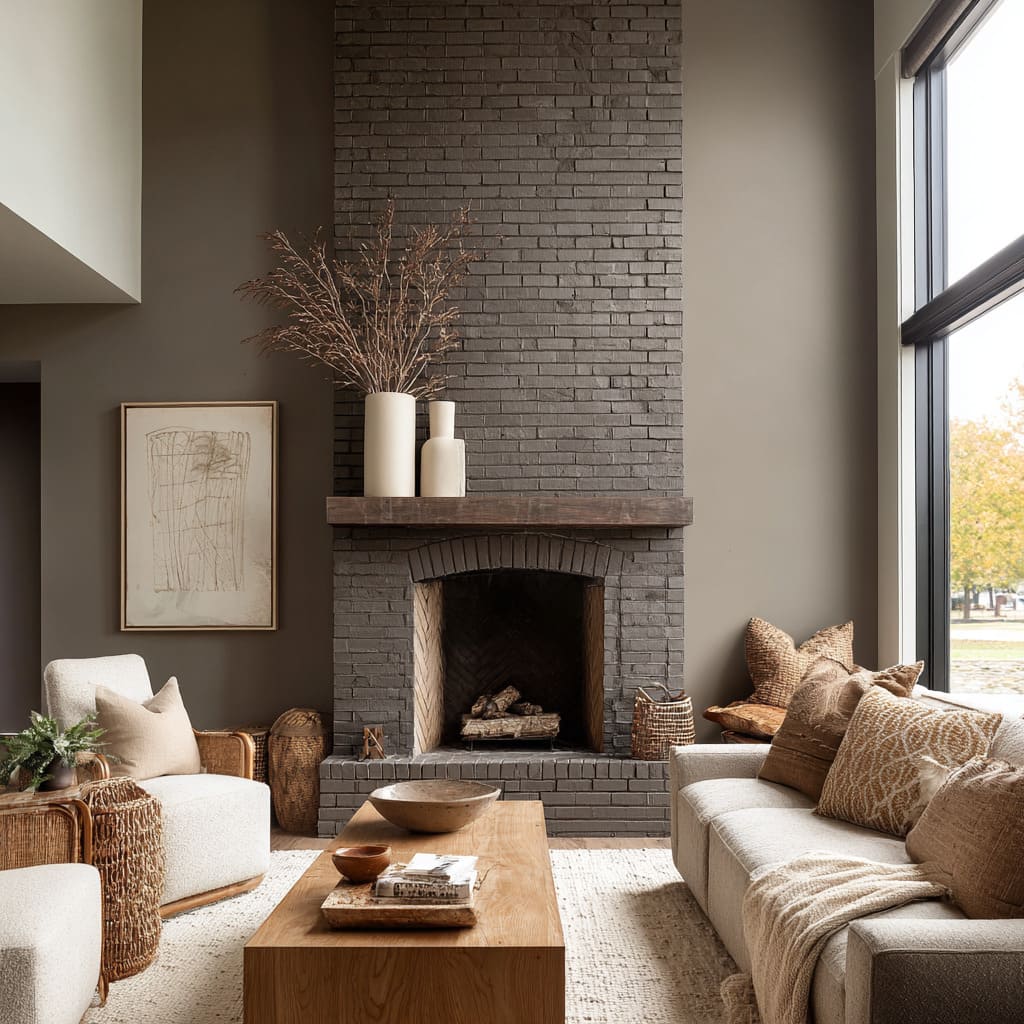 An umber matte painted brick fireplace design with an arched firebox, weathered wood mantle An umber matte painted brick fireplace design with an arched firebox, weathered wood mantle
