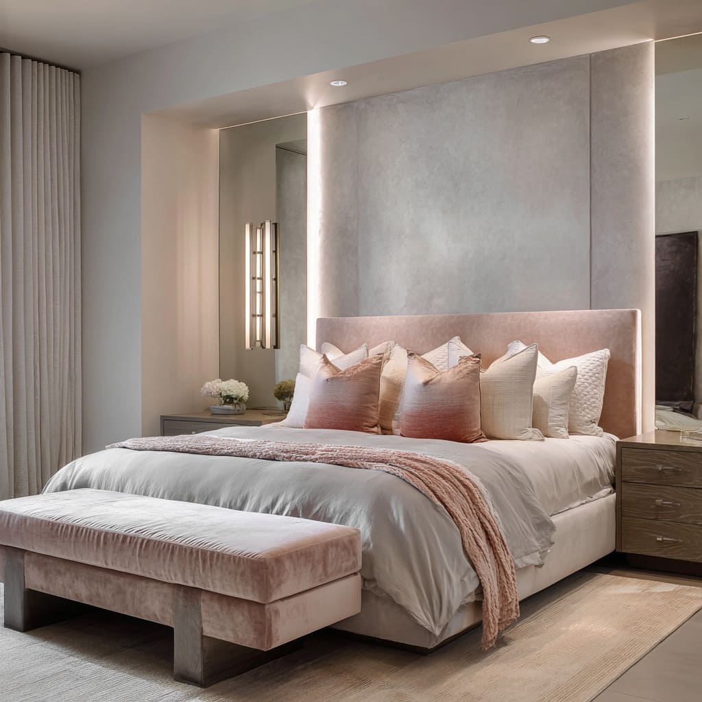 Back-lit silver alcove cradling a blush headboard, ombre rose pillows, silver-sheen duvet, tassel throw