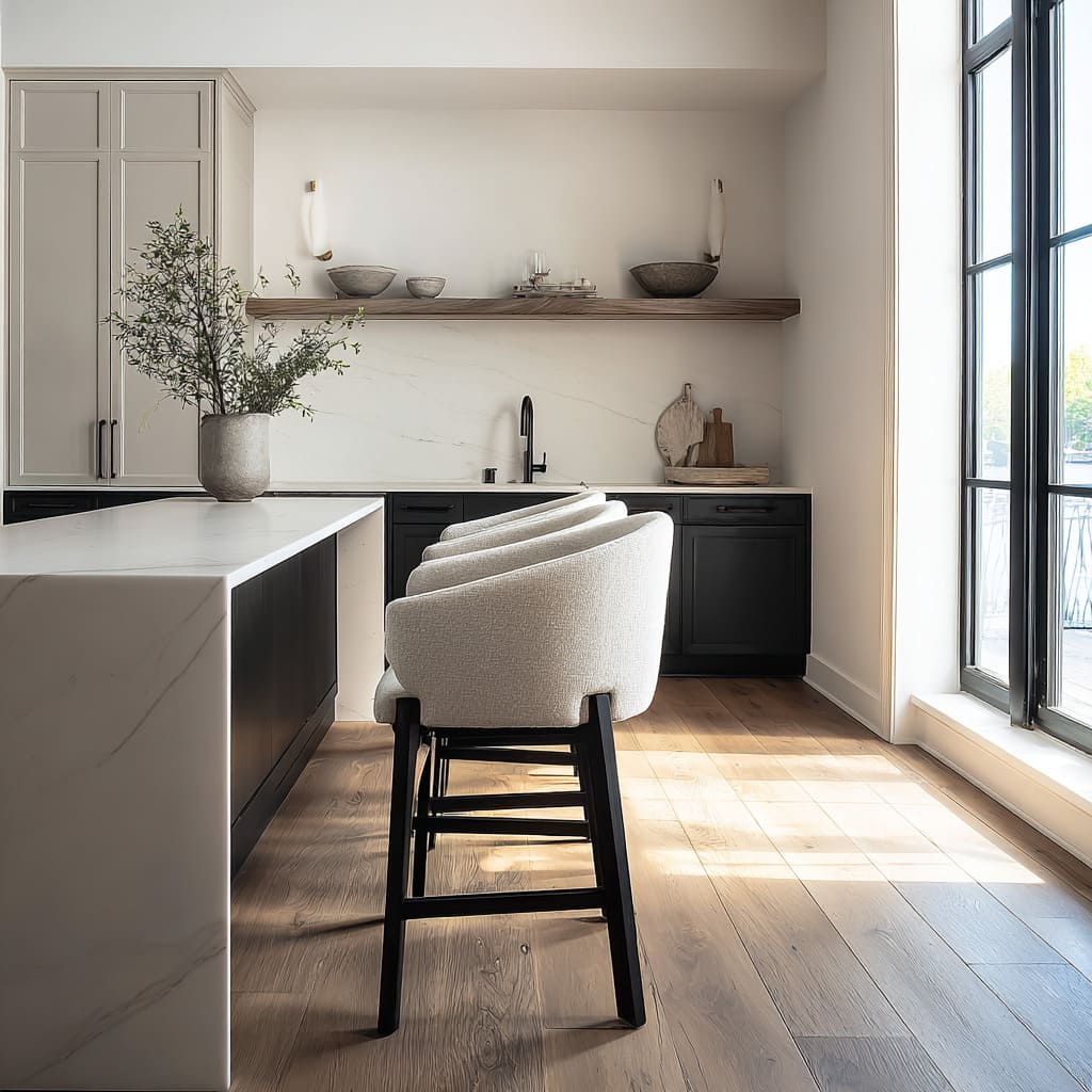 Barrel-back white island stool design with tight basketweave fabric lined under a curved-edge waterfall island and dark ebonized bases Barrel-back white island stool design with tight basketweave fabric lined under a curved-edge waterfall island and dark ebonized bases