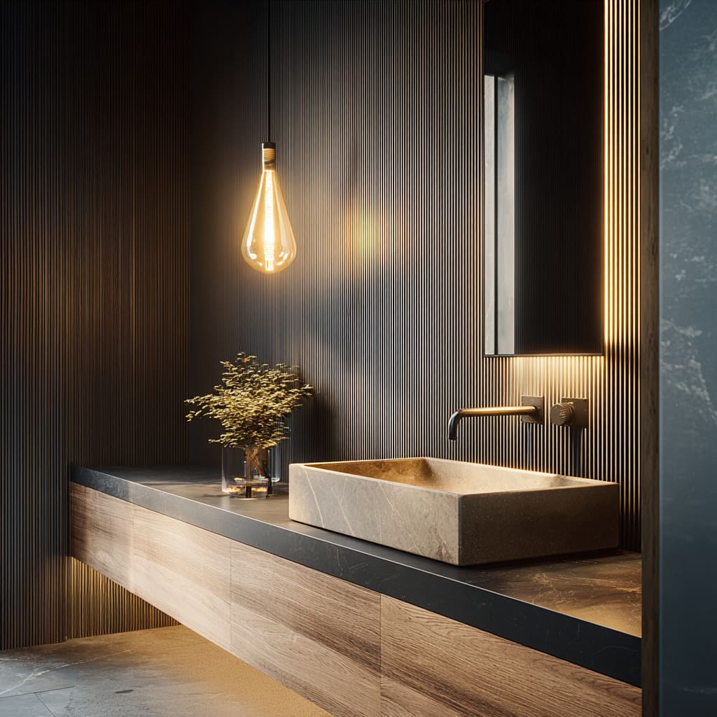 Black fluted wall bathroom design with two-tone vanity, beige stone vessel, teardrop pendant, vertical light blade