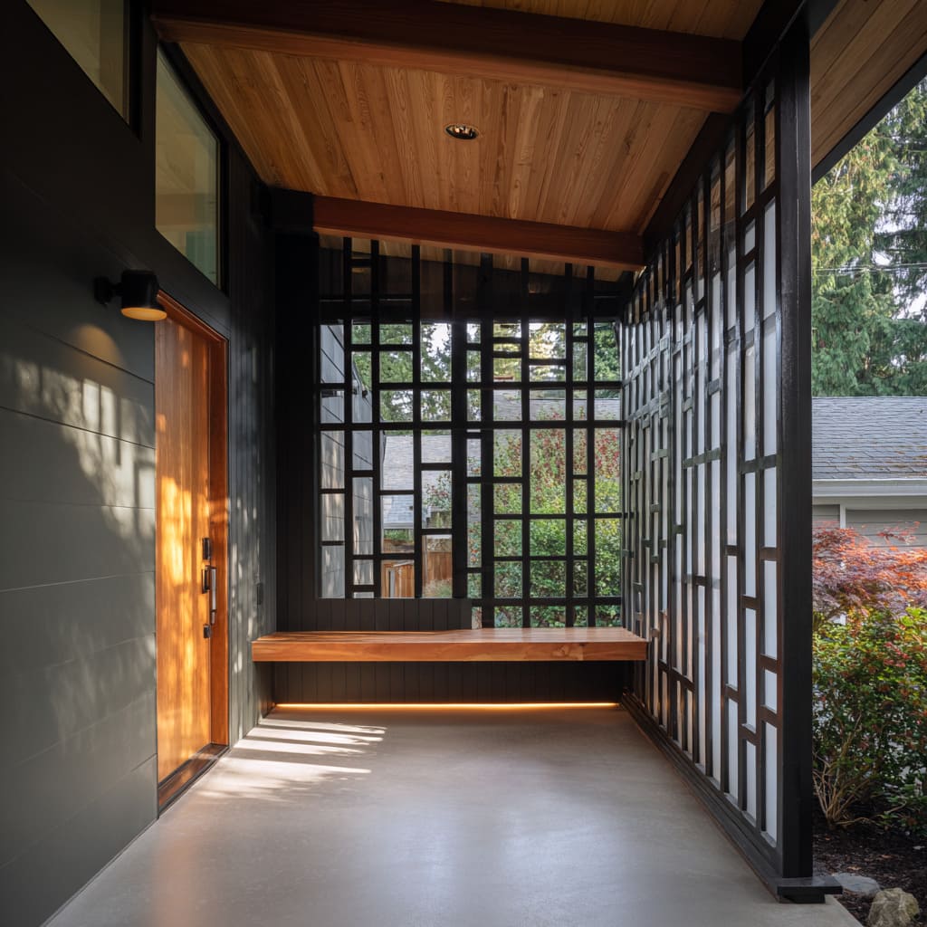 Black geometric screen porch ideas with cedar ceiling and beams, floating wood bench with concealed lighting