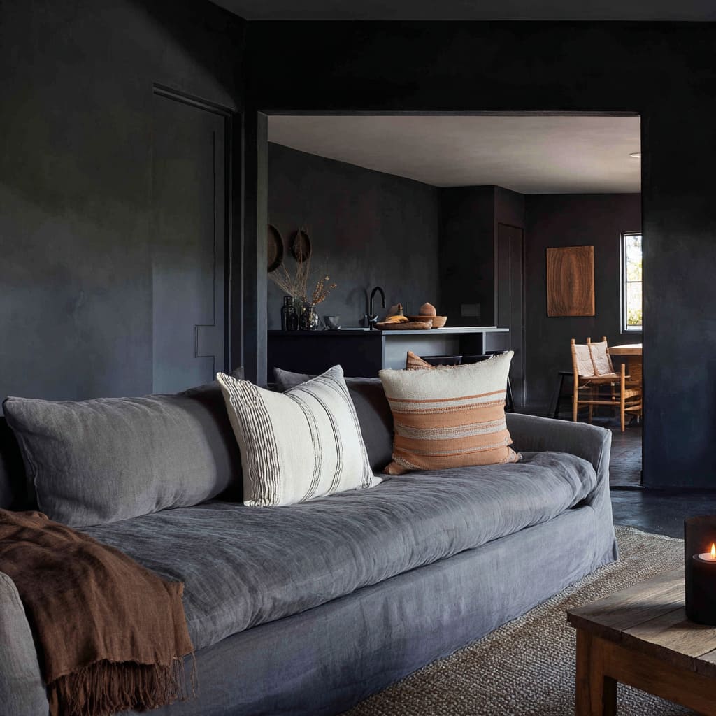 Black graphite-plastered boho living room design with oversized charcoal sofa, layered neutral pillows, brown throw Black graphite-plastered boho living room design with oversized charcoal sofa, layered neutral pillows, brown throw